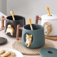 420ml cute shiba inu ceramic mugs household lovers coffee cups janpenese stlye office milk tea cup with lid and spoon