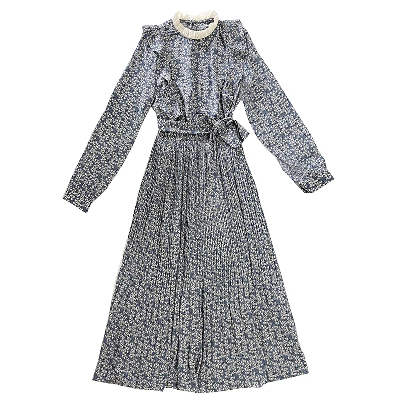 

Женское платье с цветочным принтом, элегантное платье в стиле ретро с поясом, Пастельное платье с длинным рукавом, модная женская одежда в с...