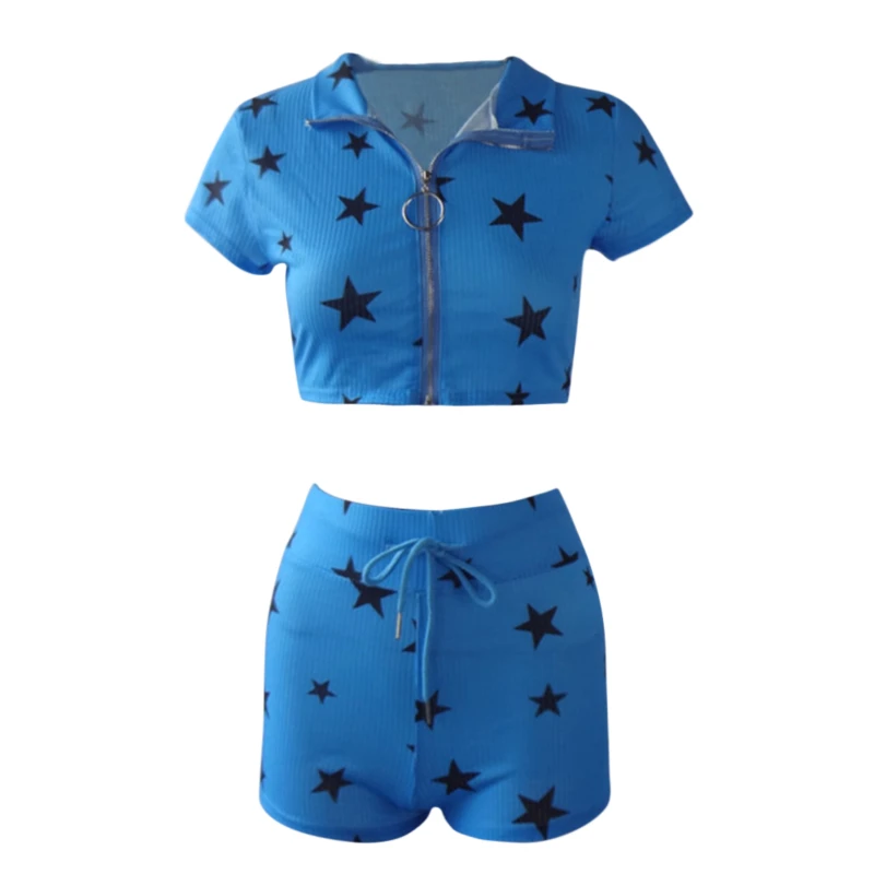 

New Female Star Print Fitness Two Pieces Sets 2020 Autumn Full Sleeve Zipper Turtleneck Tops And High Waist Shorts Suits