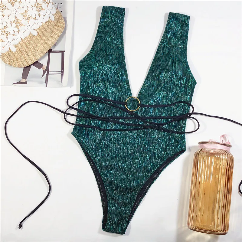 In-X Sexy deep v neck swimsuit one piece Ring swimwear women Green string bodysuit Monokini Bathing suit Bathers new | Спорт и