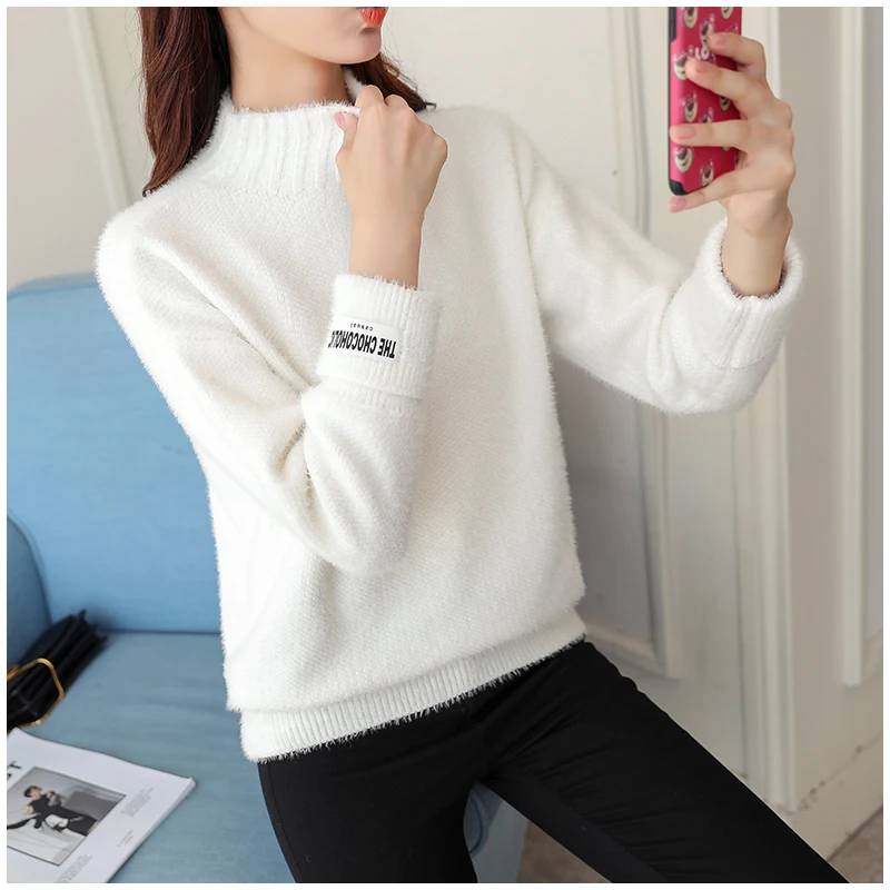 

2021 New Women's Mink Cashmere Half High Neck Loose And Thickened With Bottomed Long Sleeve Knitted Sweater fashion sweater