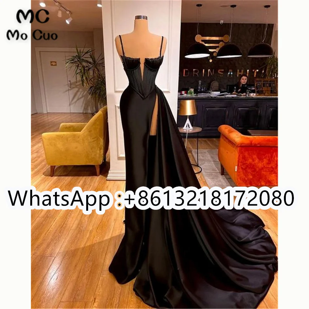 

2021 Black Prom Evening Dresses Long Beaded Pleat Ruched Side Slit Satin Robe De Soiree Sheath Party Prom Gown