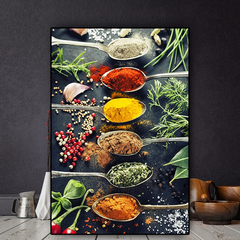 

Modern Kitchen Grains Spices Spoon Peppers Canvas Painting Posters and Prints Cuadros Wall Art Food Pictures Living Room Decor