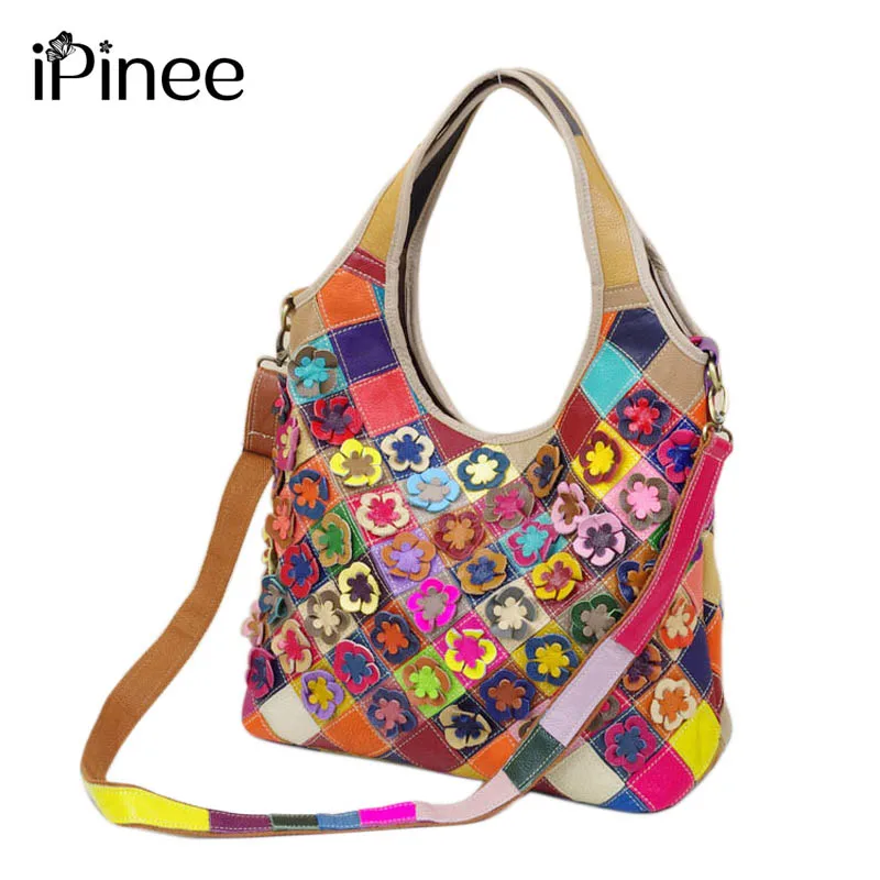iPinee Genuine Leather Women Bag Fashion Flower Women Handbag Famous Brand Bag Casual Women Messenger Bag