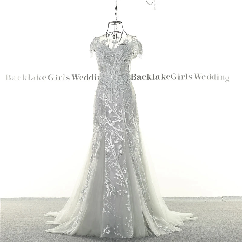 BGW с круглым вырезом Русалка из бисера Серые вечерние платья V со шнуровкой на
