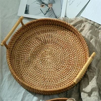 rattan storage tray round basket with handle hand woven rattan tray wicker basket bread fruit food breakfast display