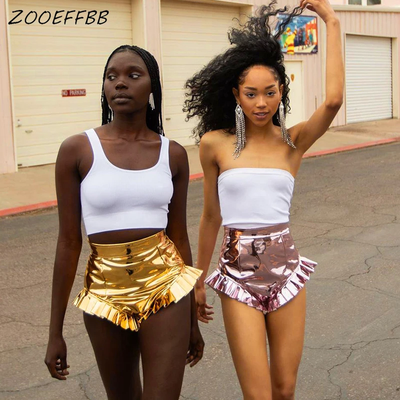 ZOOEFFBB Metallic Bright PU Leather Booty Shorts for Women Summer Y2k Bottoms Festival Sexy Club High Waisted Gold Ruffle Shorts