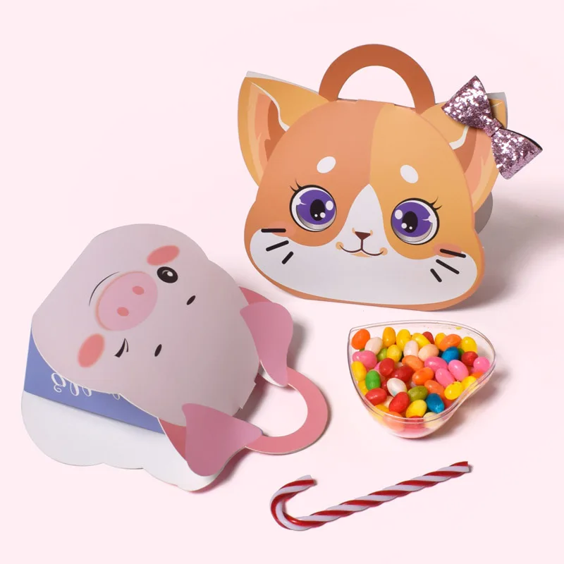 

12pcs Animals Candy Box Pink Cat Pig Paper Handbags Gift Packaging Box for Wedding Birthday Holloween Party Decorations