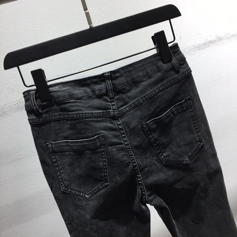 

VGH Vintage Black Denim Trousers For Women High Waist Patchwork Button Skinny Pencil Pants Female Korean Spring Fashion Clothing