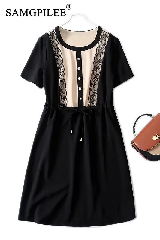 

Summer Dresses Women 2021 Contrasting Color Lace patchwork Drawstring knee length Drape And Thin Short-sleeved Dress plus size