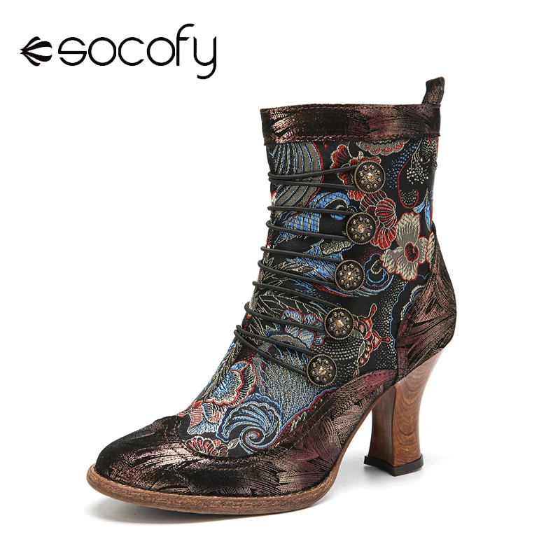 

SOCOFY Breasted Decor Elegant Flowers Sheepskin Leather Side Zipper Chunky Heel Short Boots Casual Outdoor Botas Mujer 2020