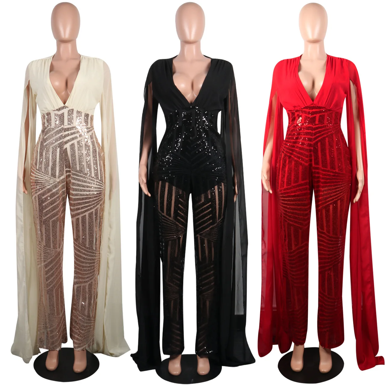 

Women Jumpsuit Sequin Romper Bodycon Evening Jumpsuits Chiffon Split Long Sleeve V Neck Patchwork Loose Wide Leg Overalls