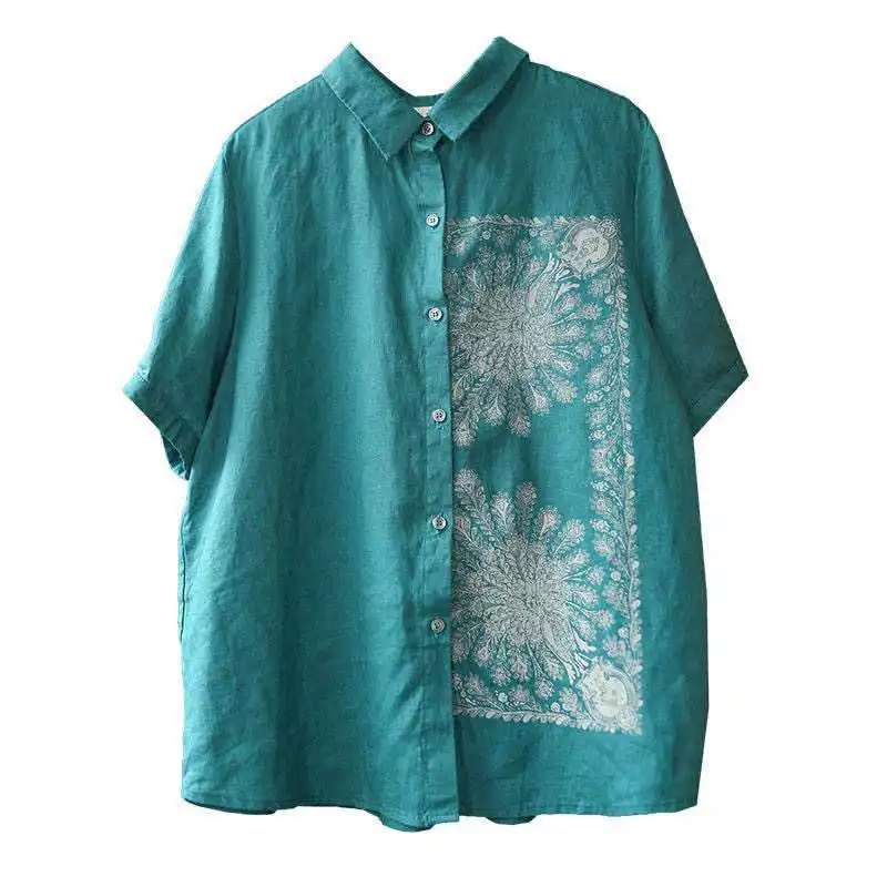 

Artistic Retro Printing Cotton and Linen Shirt Women's Short-Sleeved Summer Loose Mori Doll Shirt Versatile Casual Linen Top