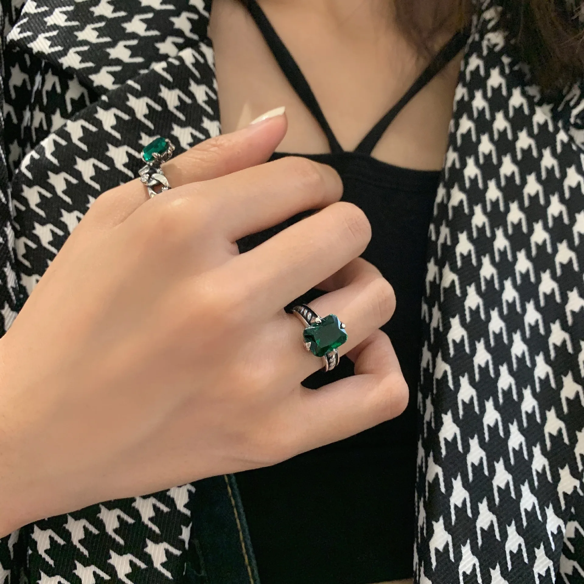 

BLACK ANGEL Vintage Green 925 Sterling Silver Zircon Open Ring for Women Link Chain Weave INS Fashion Jewelry Accessories Gifts