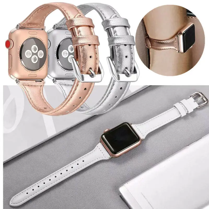 Ремешок из натуральной кожи для Apple Watch Series 5 4 3 2 1 тонкий металлический браслет IWatch