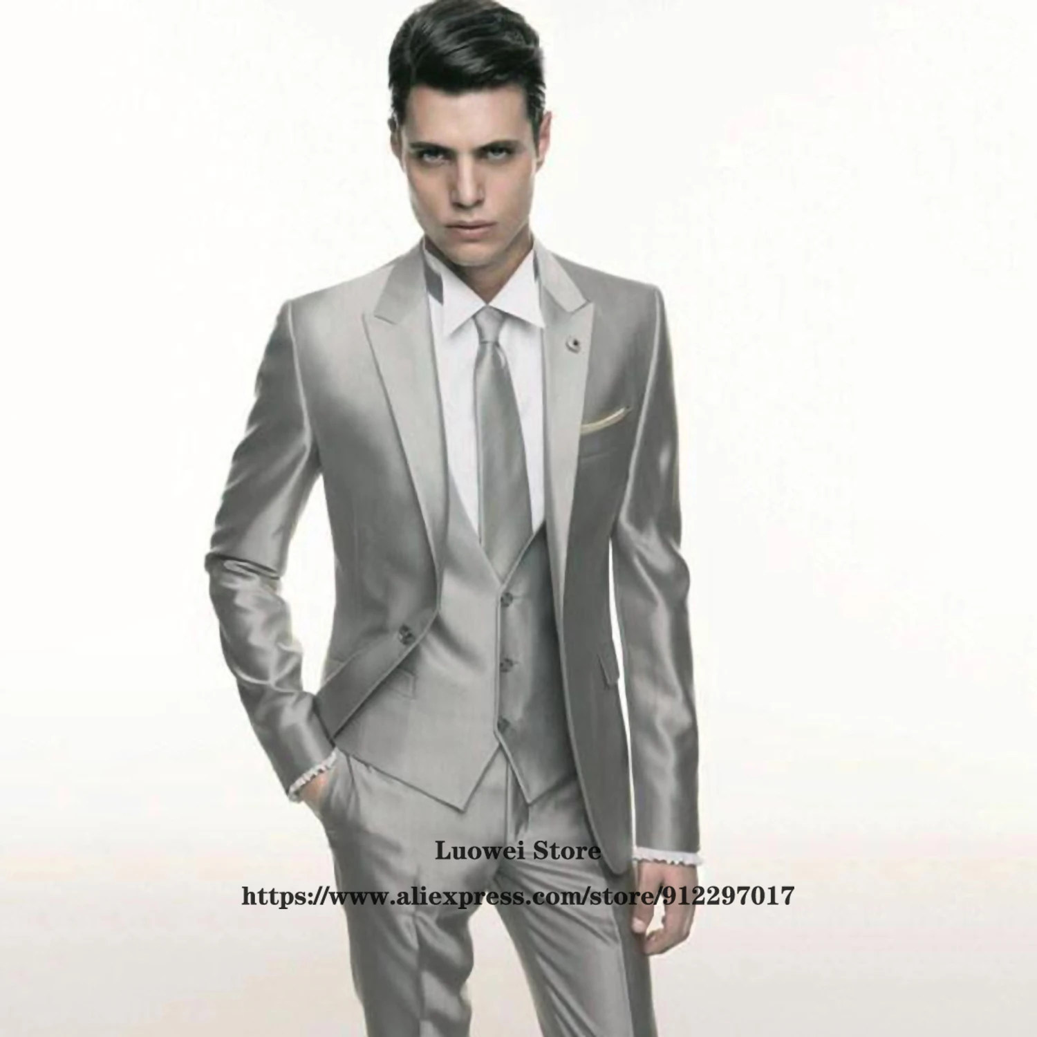 

Fashion Peaked Lapel Mens Suits For Groom Wedding Party Long Tuxedo 3 Piece Jacket Vest Pants Set Male Blazer Terno Masculino