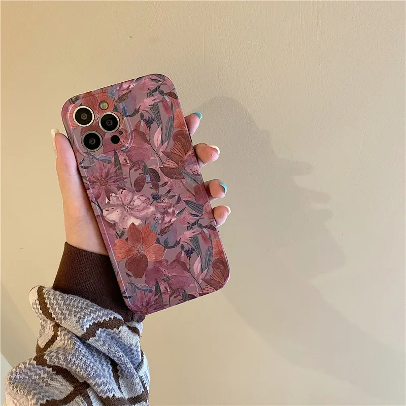 

Retro Flower Leaf Phone Case For iPhone X Xs Max 11 12 13 Pro Max XR 7 8 plus SE2020 Matte Soft IMD Silicon Cover Coque