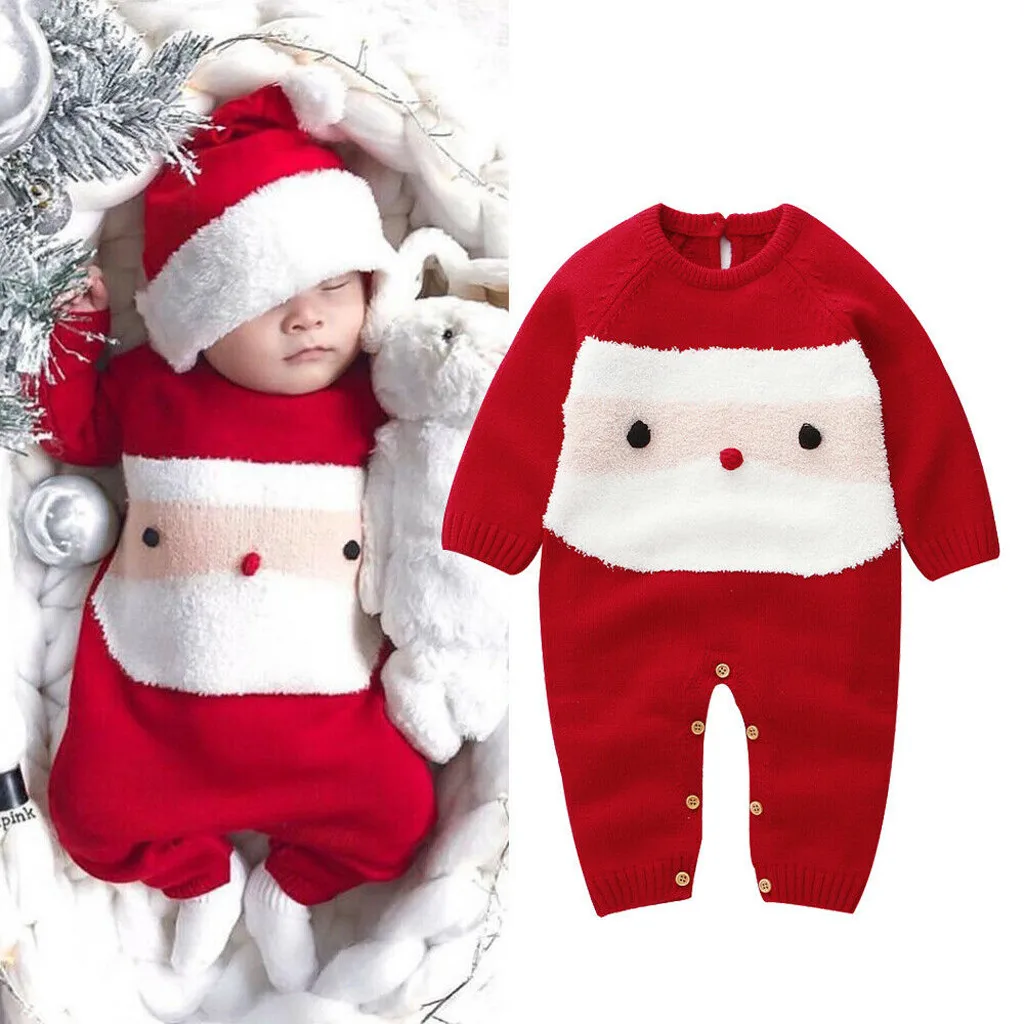 Christmas Newborn Infant Baby Santa Cartoon Plush Romper Xmas Knit Jumpsuit Warm Sweater Winter Clothes |