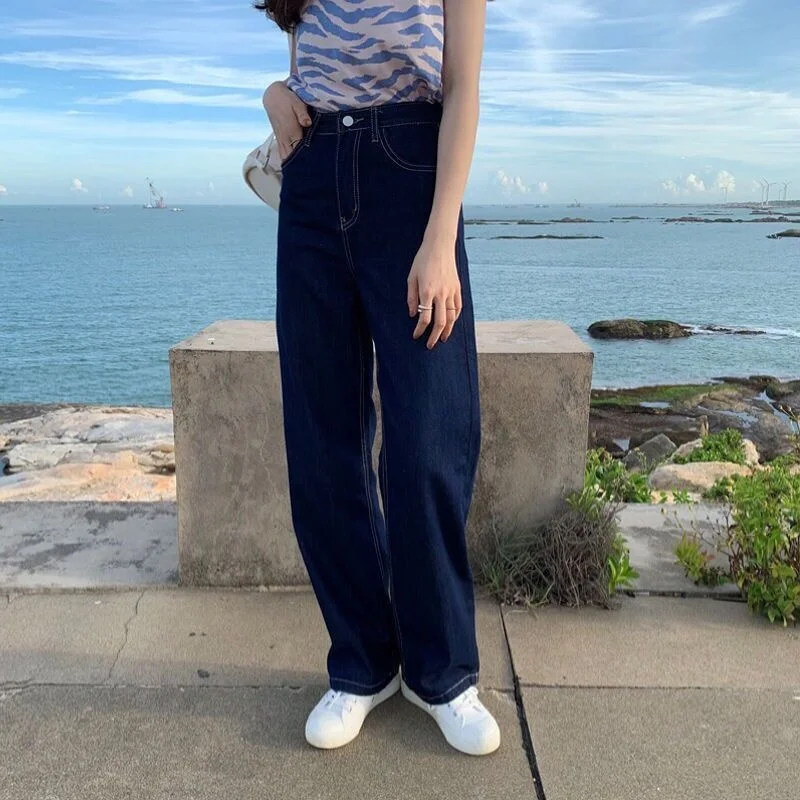 

Jeans Women Simple Korean Style Straight Full-length All-match High Waist Streetwear Students Chic Leisure Trouser Oversize Ins