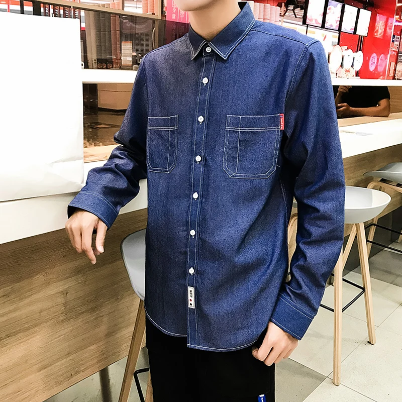 

New spring men's casual black denim shirt fashion slim long sleeve shirt men's three-color M-4XL