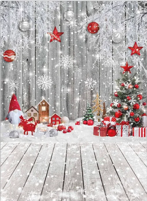 Red Christmas Wood Gnome Backdrop for Photography Winter Wonderland Wooden Floor Holiday Snowflakes Let It Snow Birthday Party enlarge