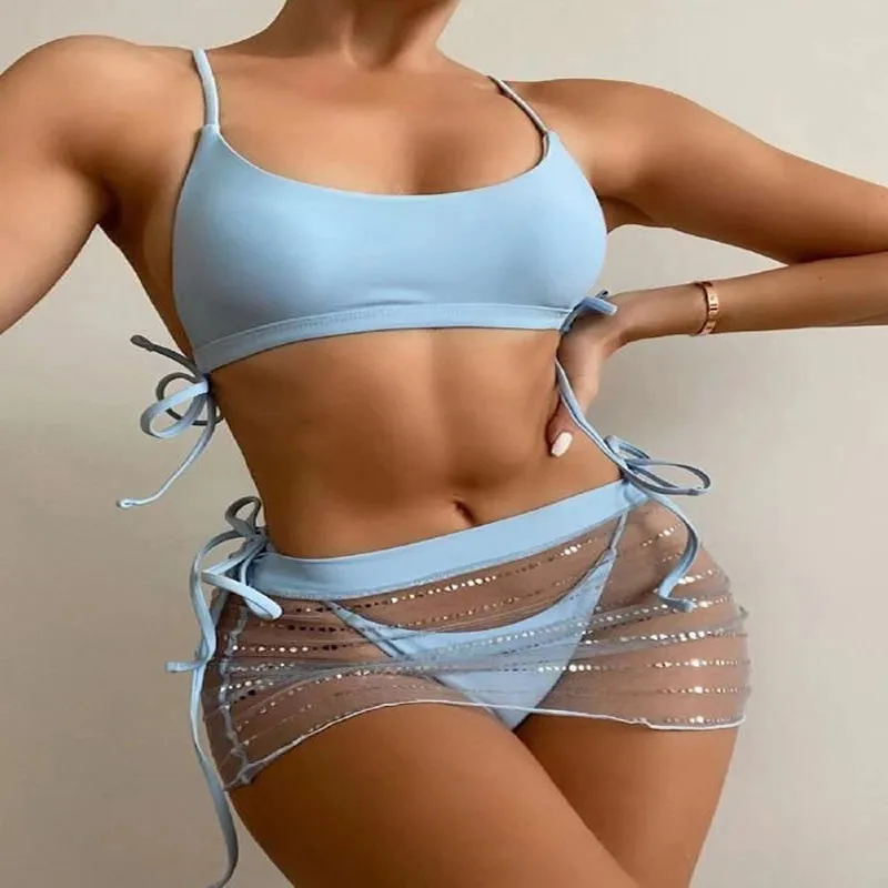 

3 Piece Set Brazilian Bikinis 2021 Mujer Solid Crop Top Swimwear Female String Swimsuit Women Halter Triangle Bathing Suit