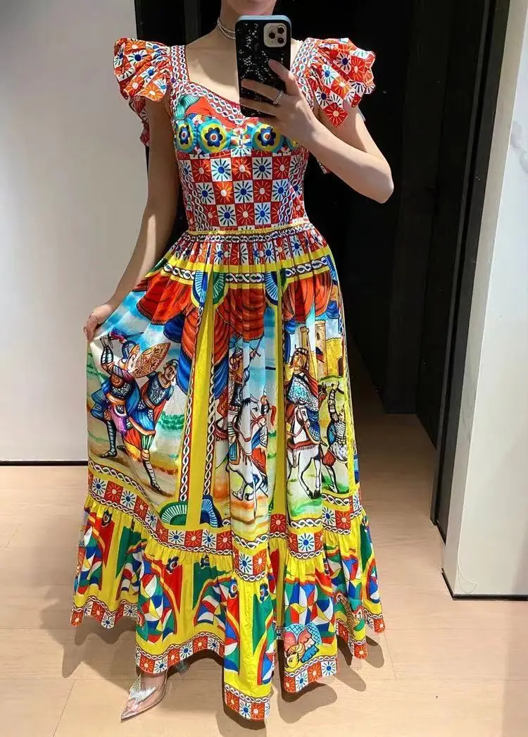 

2021 Summer Cotton Dress Sicilian Runway Fashion Square Collar Retro Print Ruffles Holiday Butterfly Sleeve Dress For Women