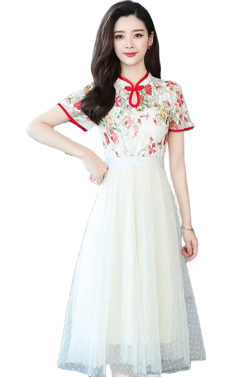 

Весеннее платье толстых мм, новинка 2021, кружевное платье с вышивкой в горошек, модифицированное ретро-платье Hanfu в китайском стиле