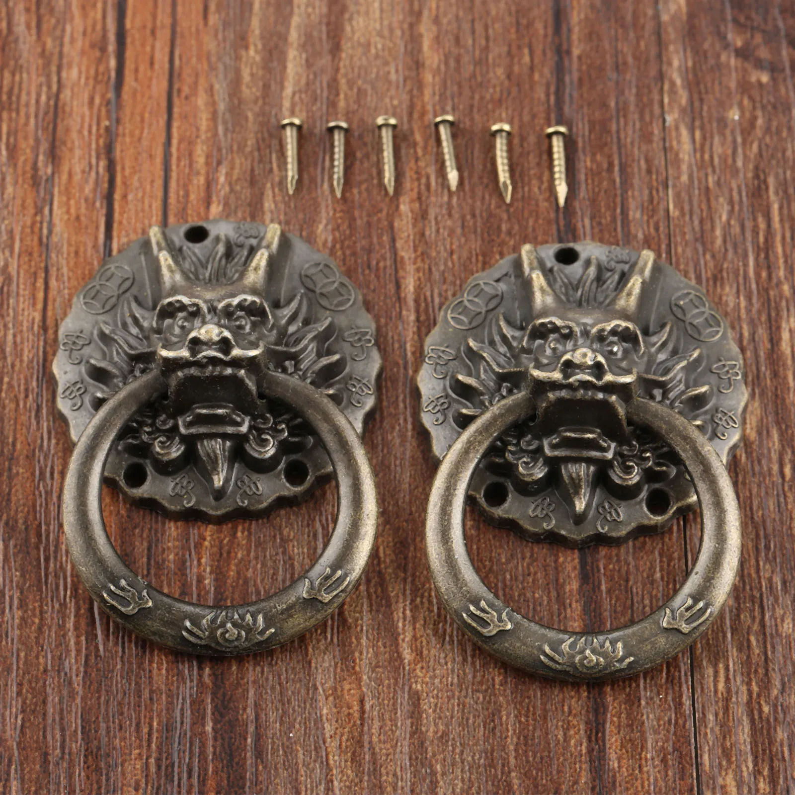 2pcs Antique Bronze Dragon Head Handles Old Chinese Style Vintage Pulls Ring for Dresser Drawer Cabinet Door 32*47mm