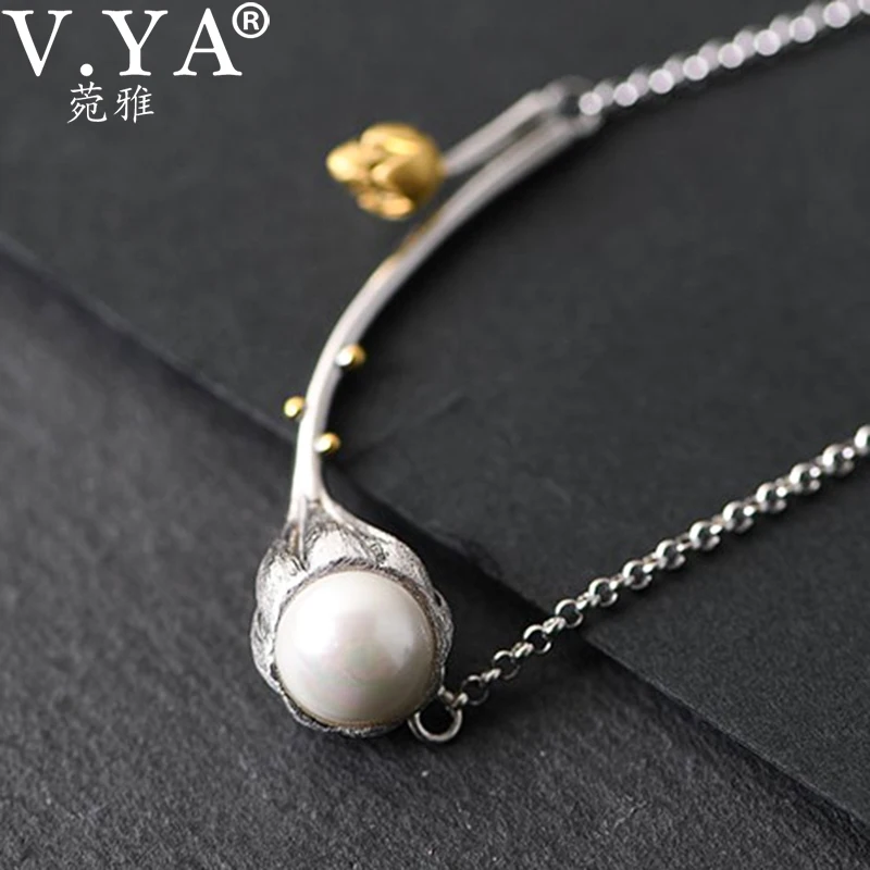 

V.YA темперамент инкрустированные синтетический стеклянные бусы лотоса кулон жемчужная цепочка на шею для мужчин для женщин 925 стерлинговог...