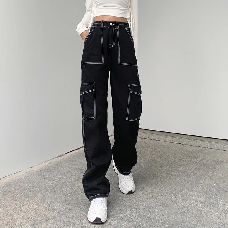 JMPRS Pockets Patchwork Women Baggy Jeans Fashion Y2K Streetwear 100% Cotton Denim Pants Loose Cargo Harajuku Black Trousers | Женская