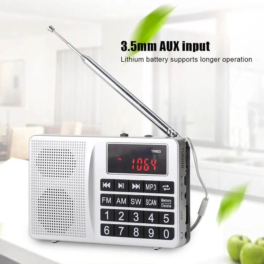 Портативное радио серебряное FM/AM/AW радиоприемник всех диапазонов с разъемом AUX 3 5