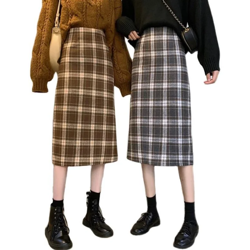 

2020Autumn Winter New Arrivals High Waist Slim Contrast Color Plaid Mid-length Wild Woolen Women A-line Long Skirt Free Shipping