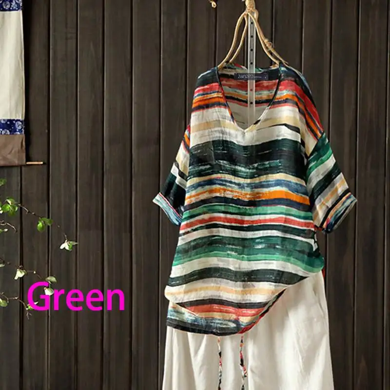 Блузка женская в полоску с V-образным вырезом и коротким рукавом | Женская одежда