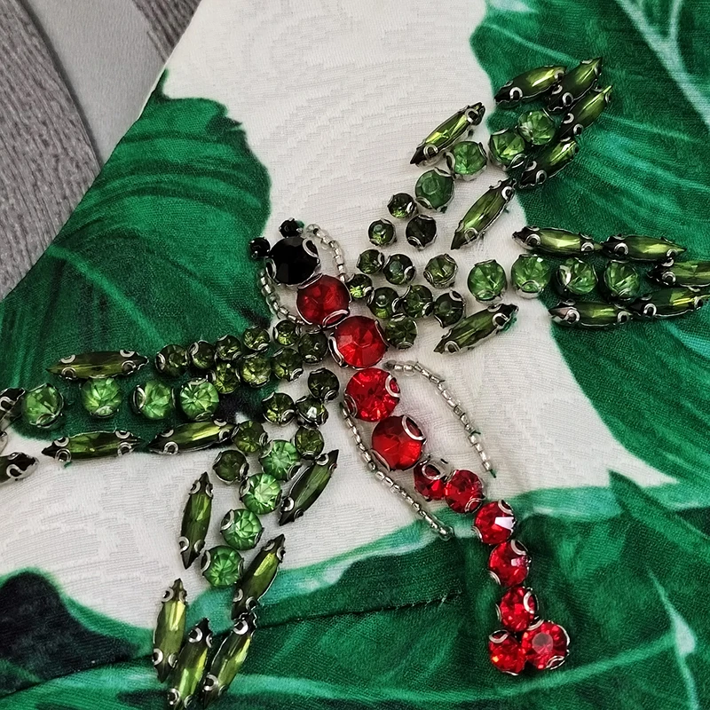 

SEQINYY Summer Mini Dress Designer Fashion Spaghetti Strap Women Beading Dragonfly Green Leaf Printed Jacquard Casual