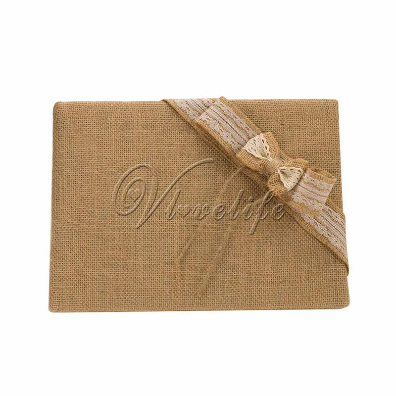 Vintage Burlap Wedding Guest Book With Lace Bow for Birthday Party Reception Decor 25x16cm Home Gifts | Дом и сад