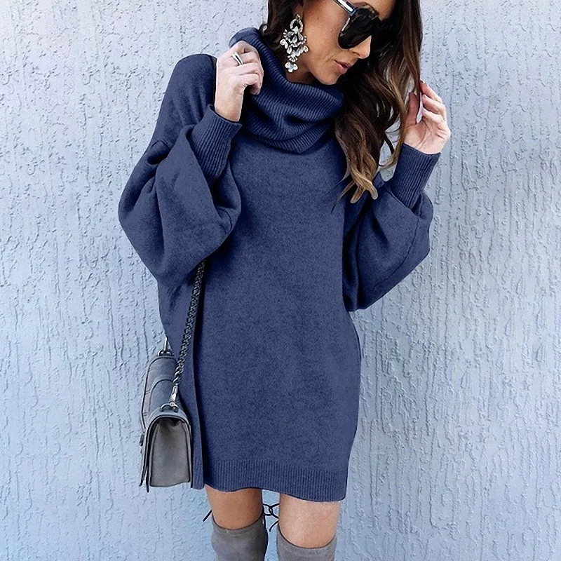 

Women oversized lazy oaf turtleneck sweater long sleeve sweater dress yellow gray solid pollover 2020