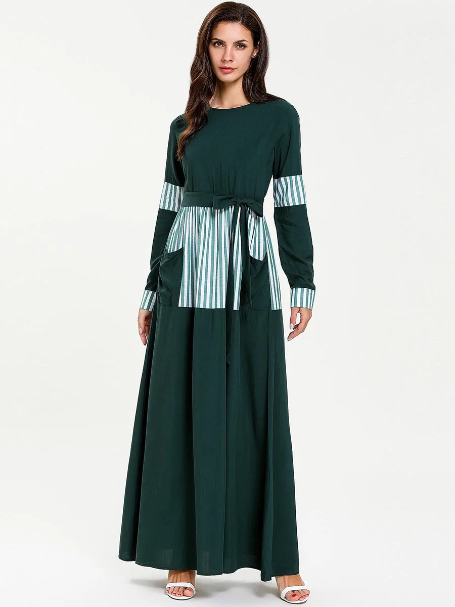 

Moroccan Kaftan Gown Fashion Simple Large Size Women's Arabian Muslim Striped Contrast Stitching Long Sleeve Lace Dress