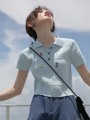 

han Ladies Embroidered Floral Knit Short Sleeve T-shirt POLO Collar Short Sweater Summer Thin