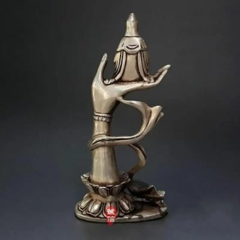 

Collectible Decorated Old China Silver Carved Kwan-yin Sit In Buddha Hand Statue
