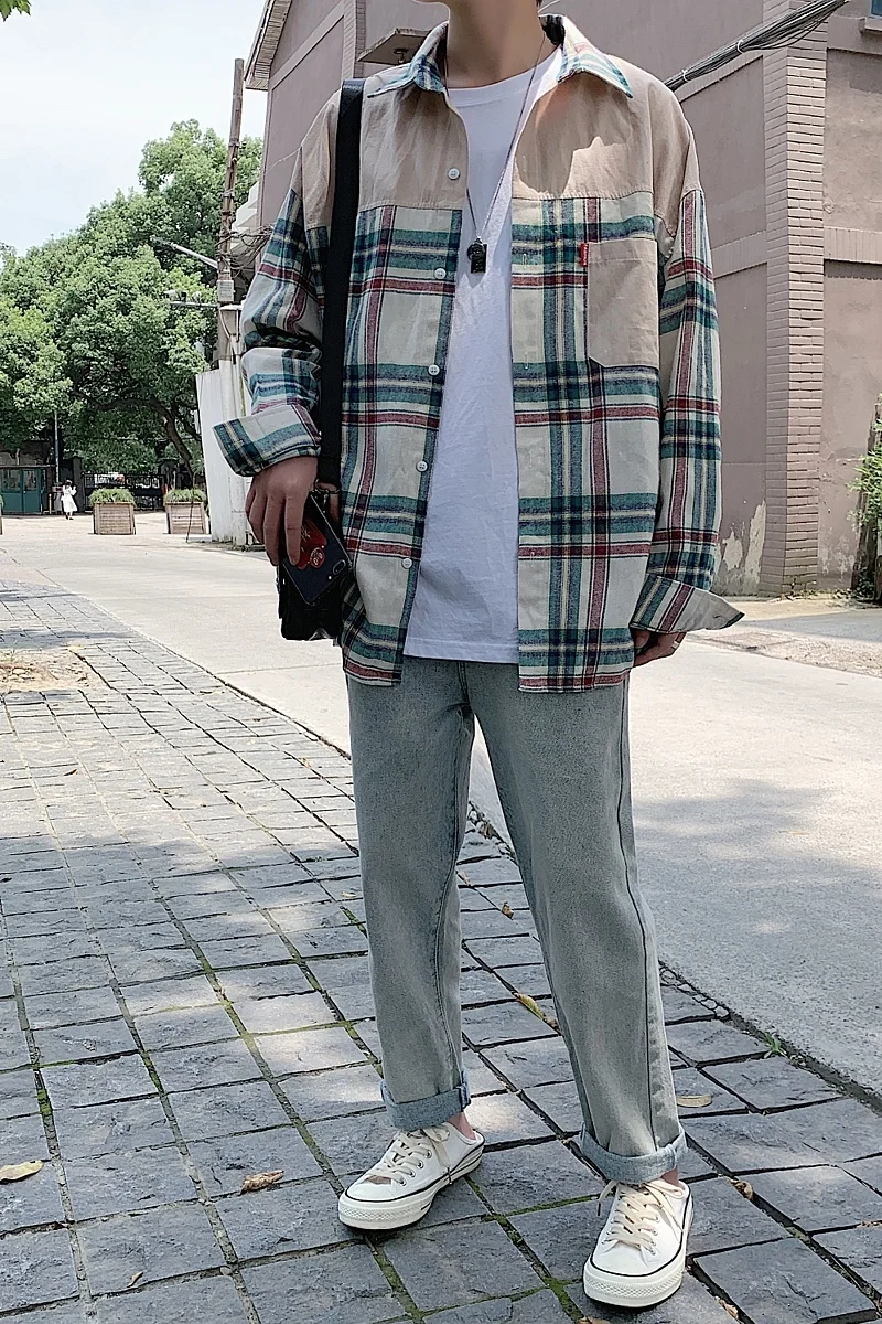 

2019 Spring And Autumn New Hong Style Large Size Long-sleeved Plaid Shirt Self-style Wind Jacket Male Green Red / Purple S-5XL