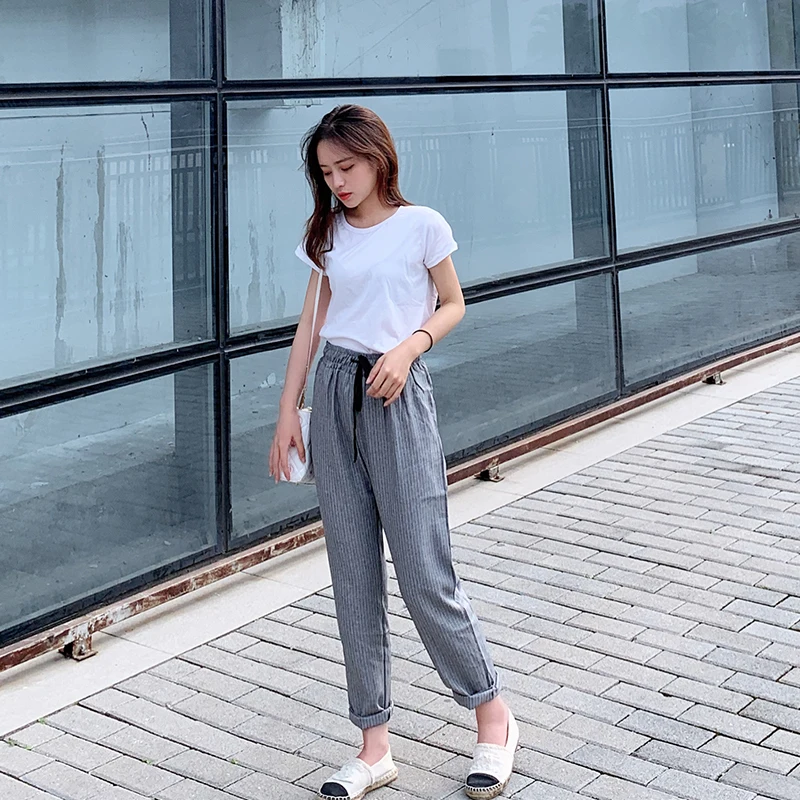 Женские брюки в полоску повседневные свободные шаровары с высокой эластичной