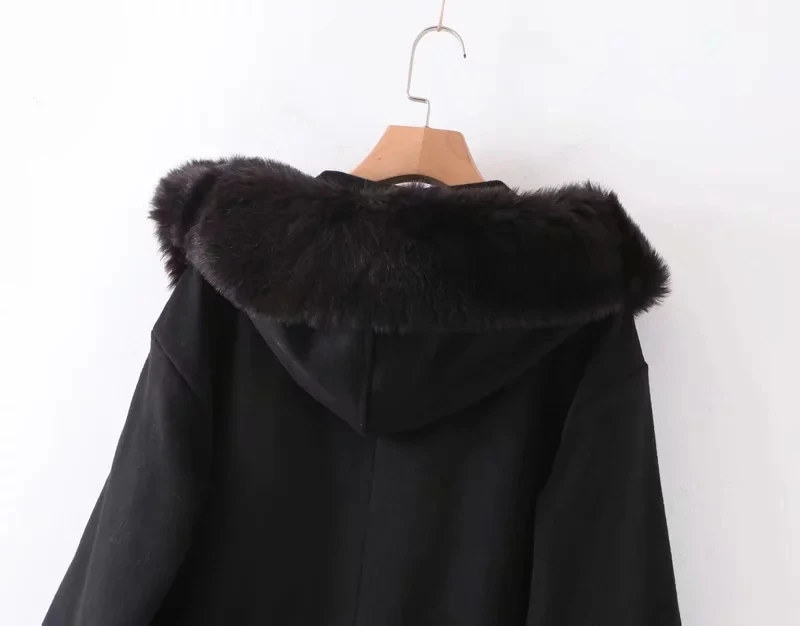 winter long za coat women england style vintage Wool collar splicing hooded oversize sashes thick woolen overcoat women