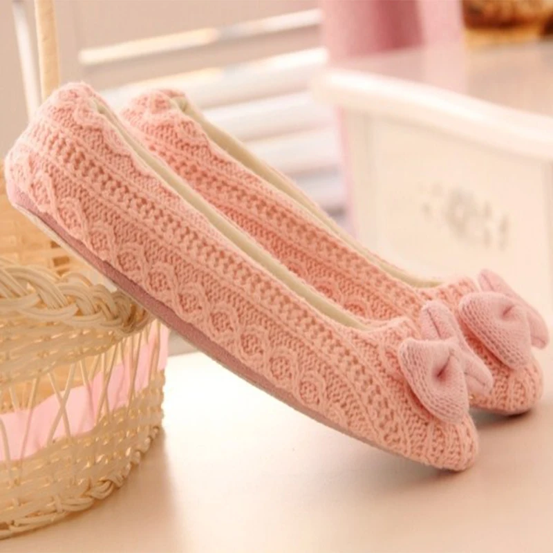 Женские туфли с бантом в Корейском стиле Нескользящие шерстяные теплые удобные