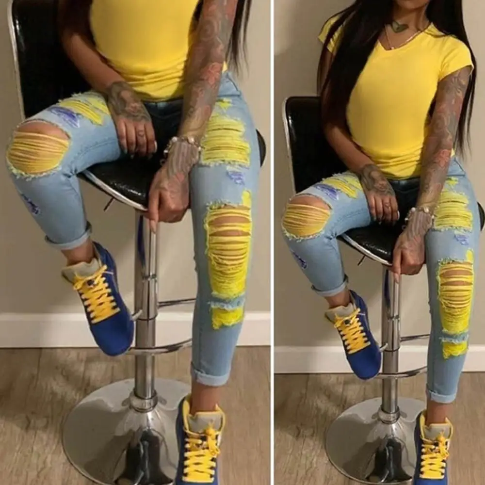 Новинка 2020 рваные джинсы 3XL женские желтые свободные тонкие с прострочкой брюки