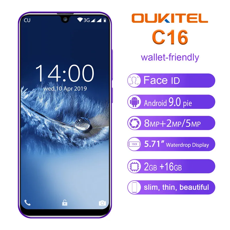 OUKITEL C16 5 71 дюйма 19:9 дроп смартфон Android 9 0 MT6580P 2G ram 16 ГБ rom 2600 мАч отпечаток пальца