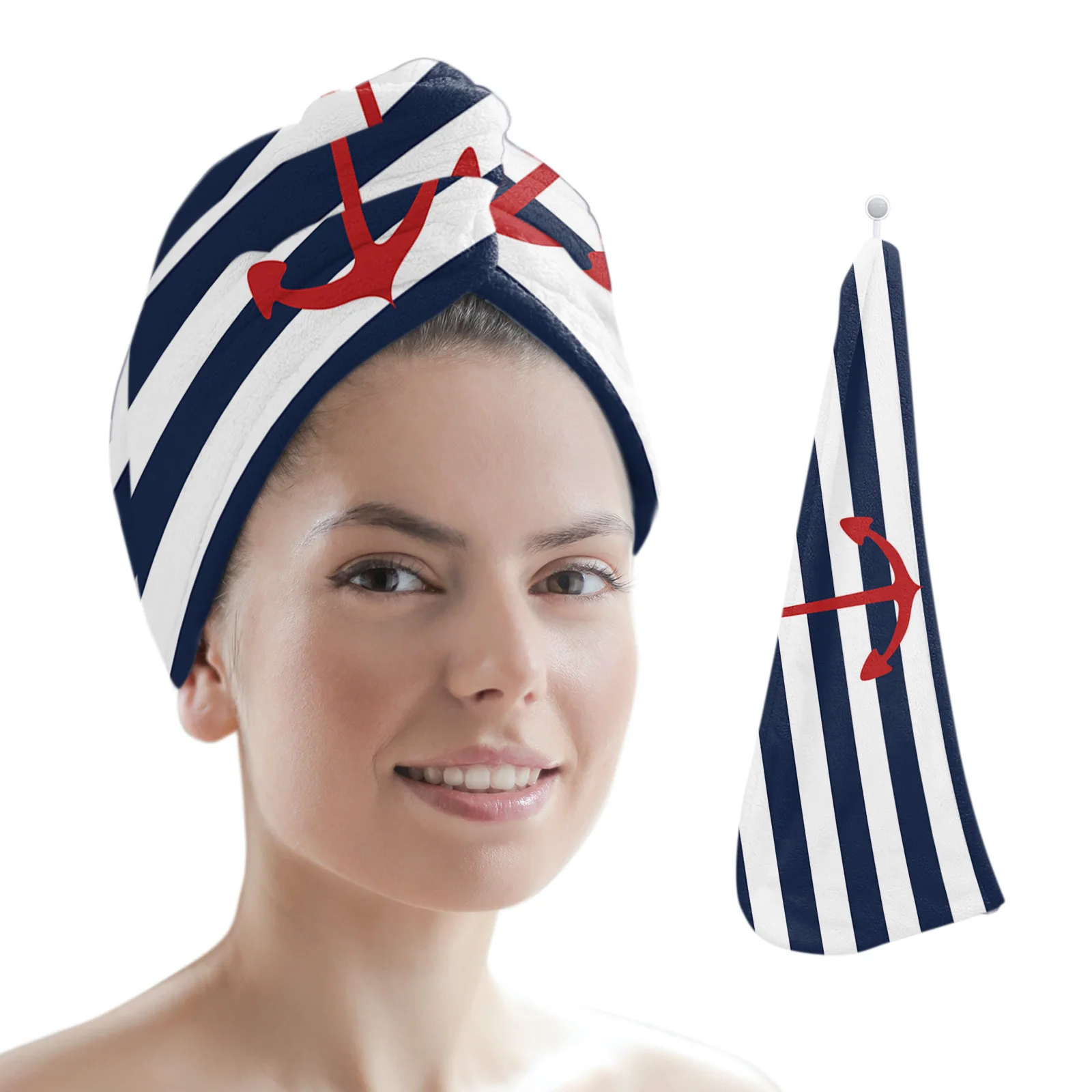 

Geometric Blue Stripes Anchor Microfiber Dry Hair Towel Quick Drying Hair Cap Absorbent Shower Head Wrap Bathing Tools