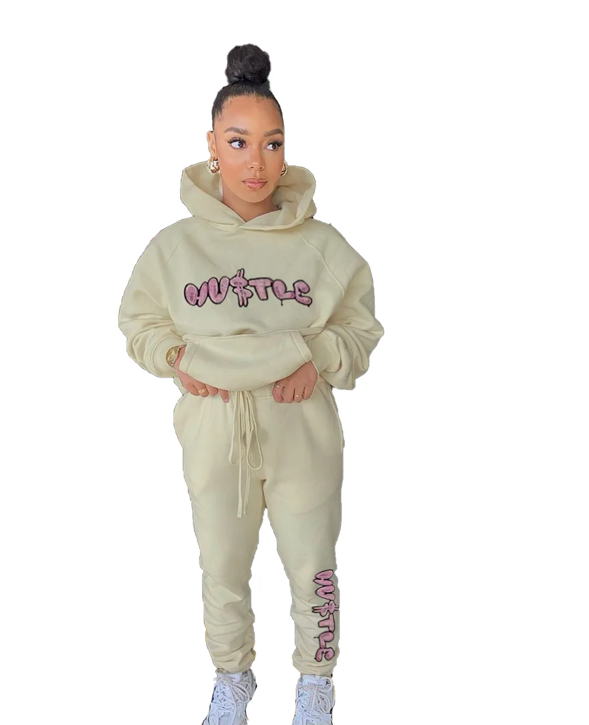 

Fall Winter Tracksuits Two Piece Set Letter Print Solid Casual Outfits Zip Sweatshirt + Pockets Pants Set Women's Sweat Suit