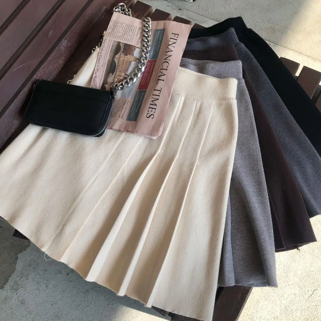 

2021 Spring Korean Style High Waist Ladies Skirt Casual Fashion Knitted Women's Skirts Pleated Mini Plus Size Skirt