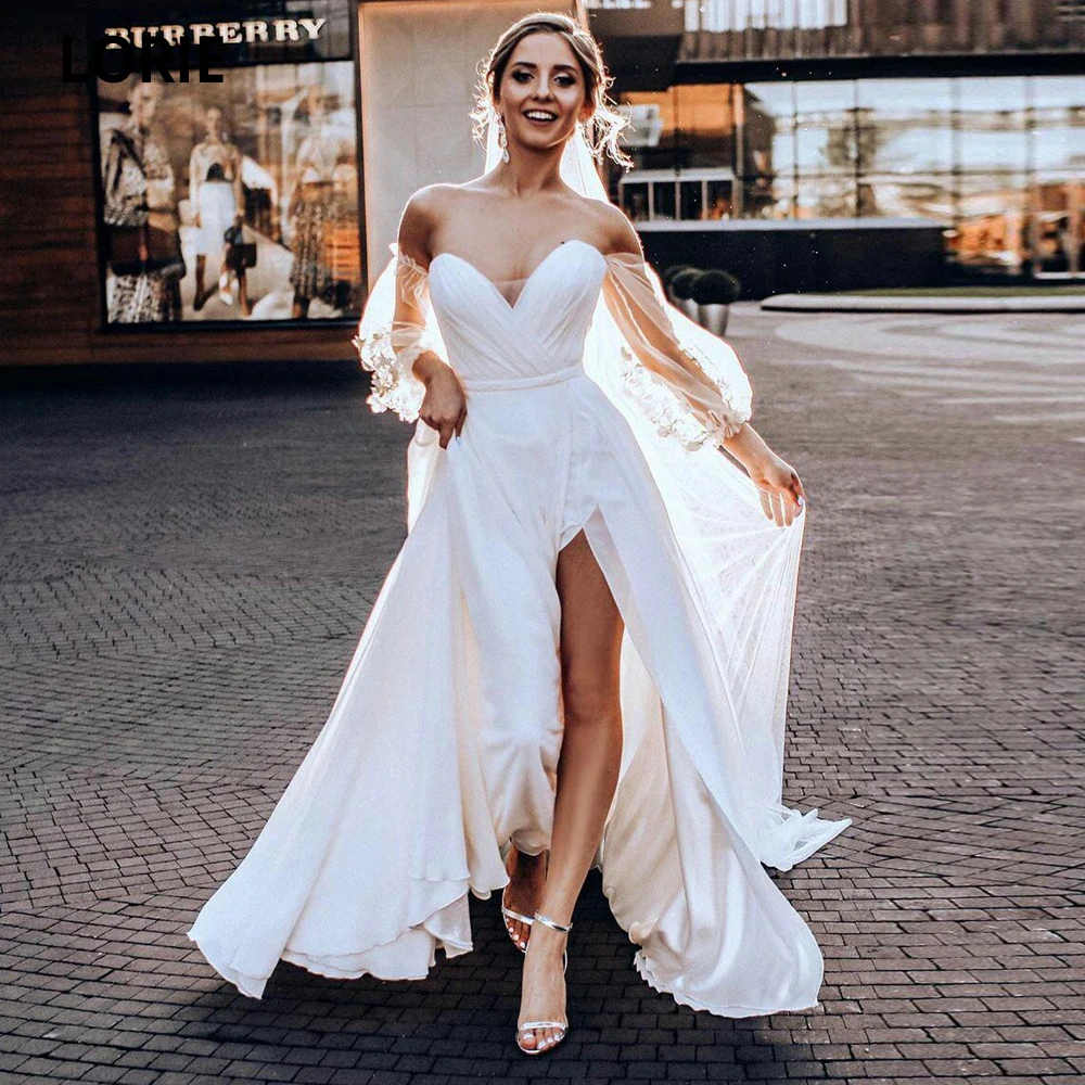 Пляжные белые свадебные платья LORIE с разрезом по бокам Шифоновые в стиле бохо